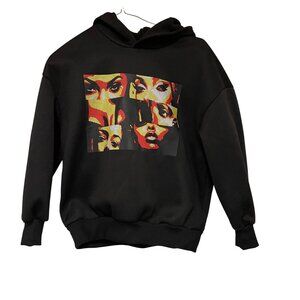 Shein‎ Black Hoodie Teen Pop Art Faces Graphic Design Unisex Streetwear